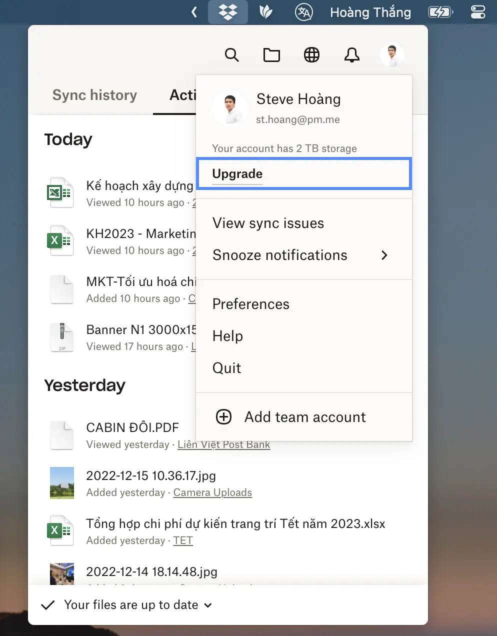Menu Dropbox
